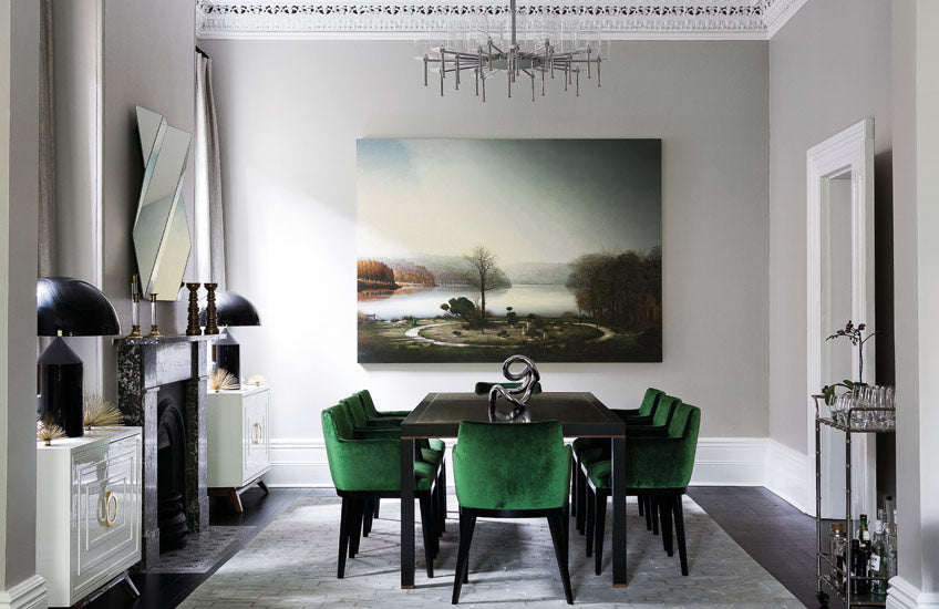 green and grey dining room