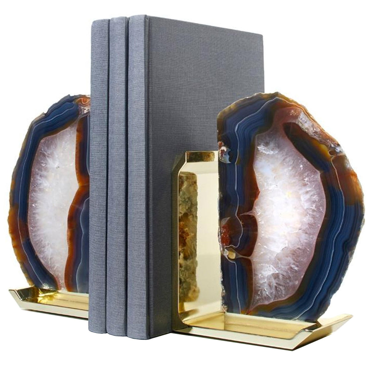 Natural Agate & Brass Fim Bookends, Set of 2