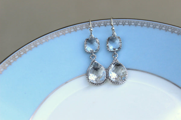 Silver Clear Earrings Crystal - Two Tier Teardrop Earrings - Bridesmaid Earrings - Bridal Earrings - Bridesmaid Jewelry - Wedding Earrings