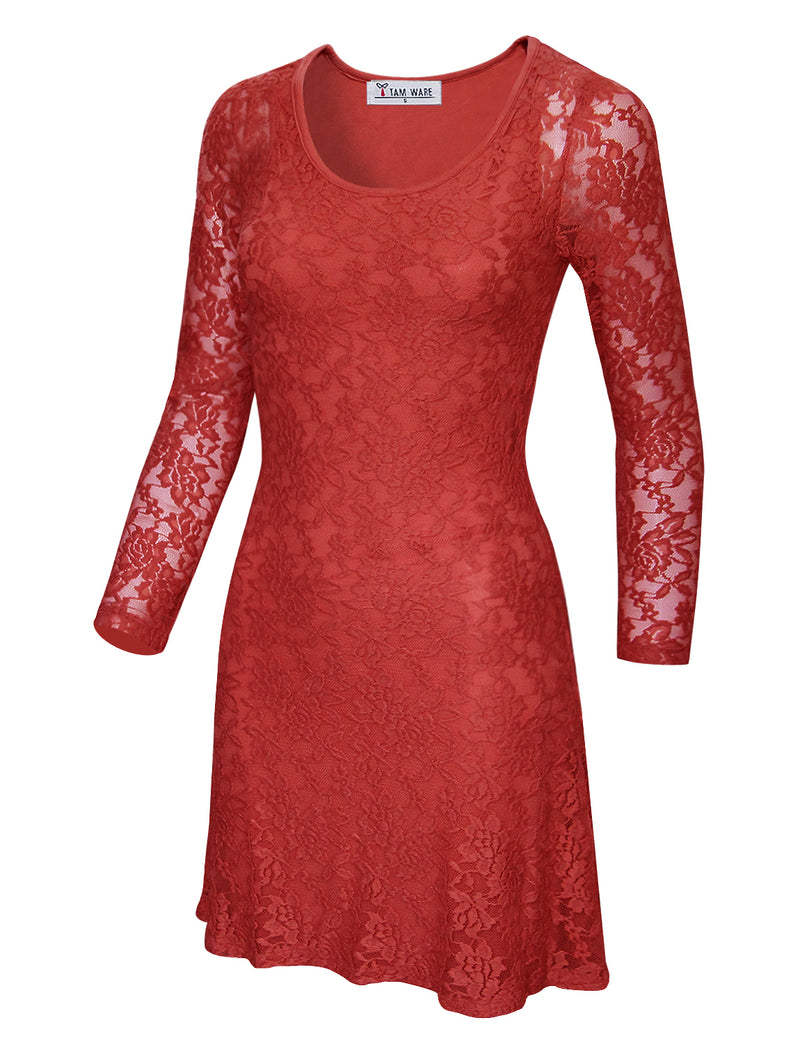 TAM WARE Women's Stylish Floral Lace Long Sleeve Scoop Neck Flare Dress (TWCWD109)