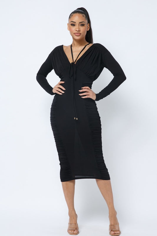 Long Sleeve V Neck Front And Back Ruching Midi Dress