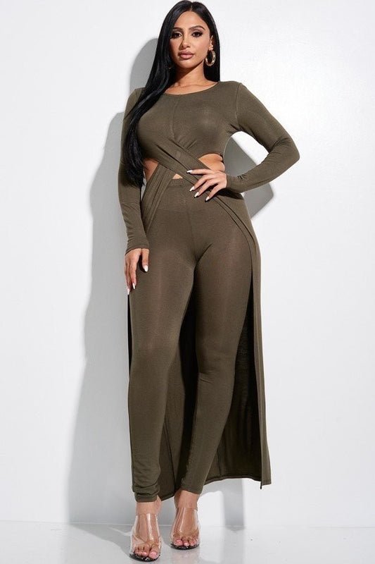 Long Sleeve Crossed Over Long Top And Leggings 2 Piece Set