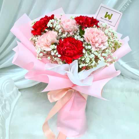 Carnation bouquet, hand bouquet, flower bouquet, Mothers day flower, flower delivery Singapore, Florist Singapore, Well Live Florist