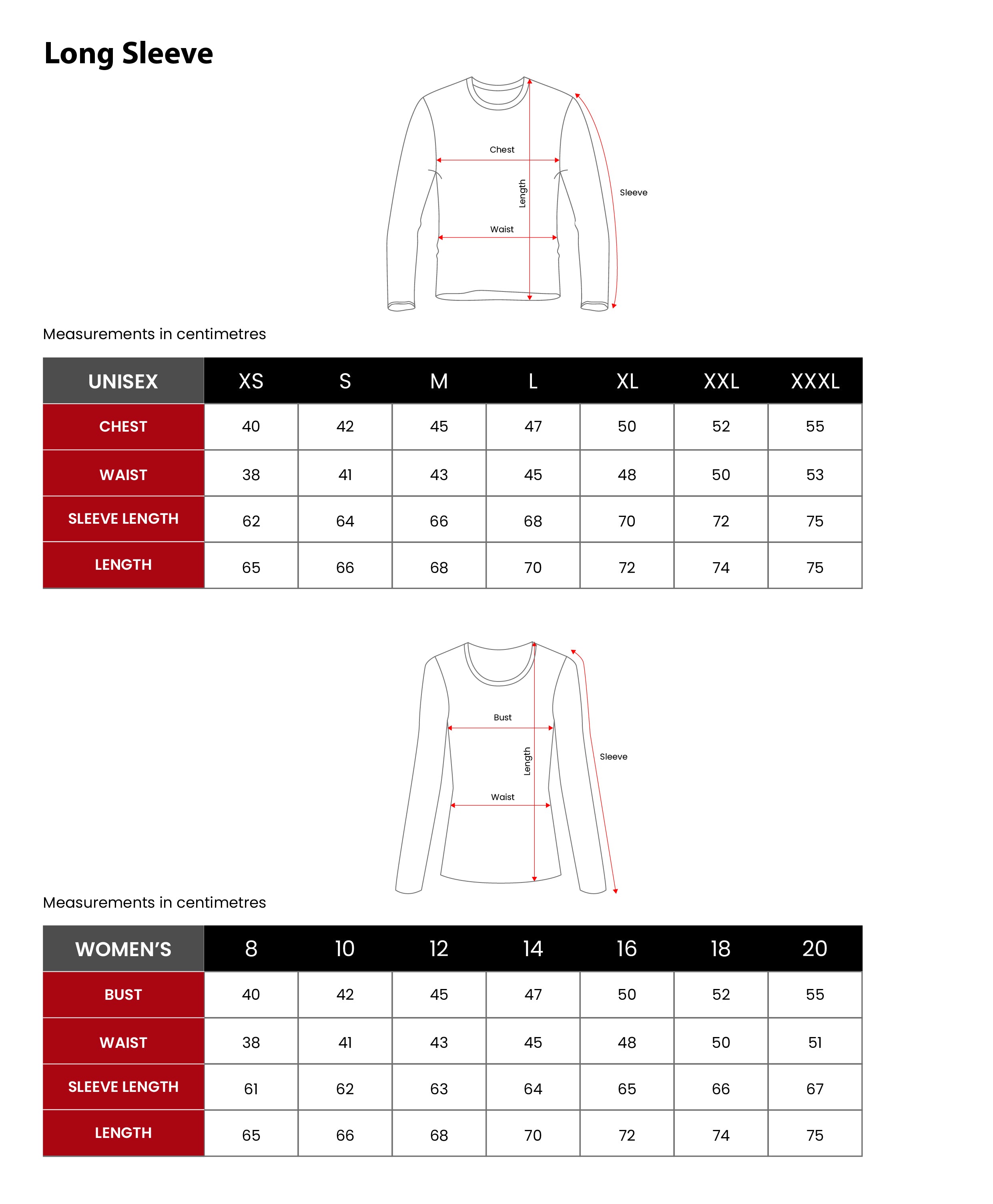 Etiko Organic Cotton Long Sleeve T-Shirt Size Chart