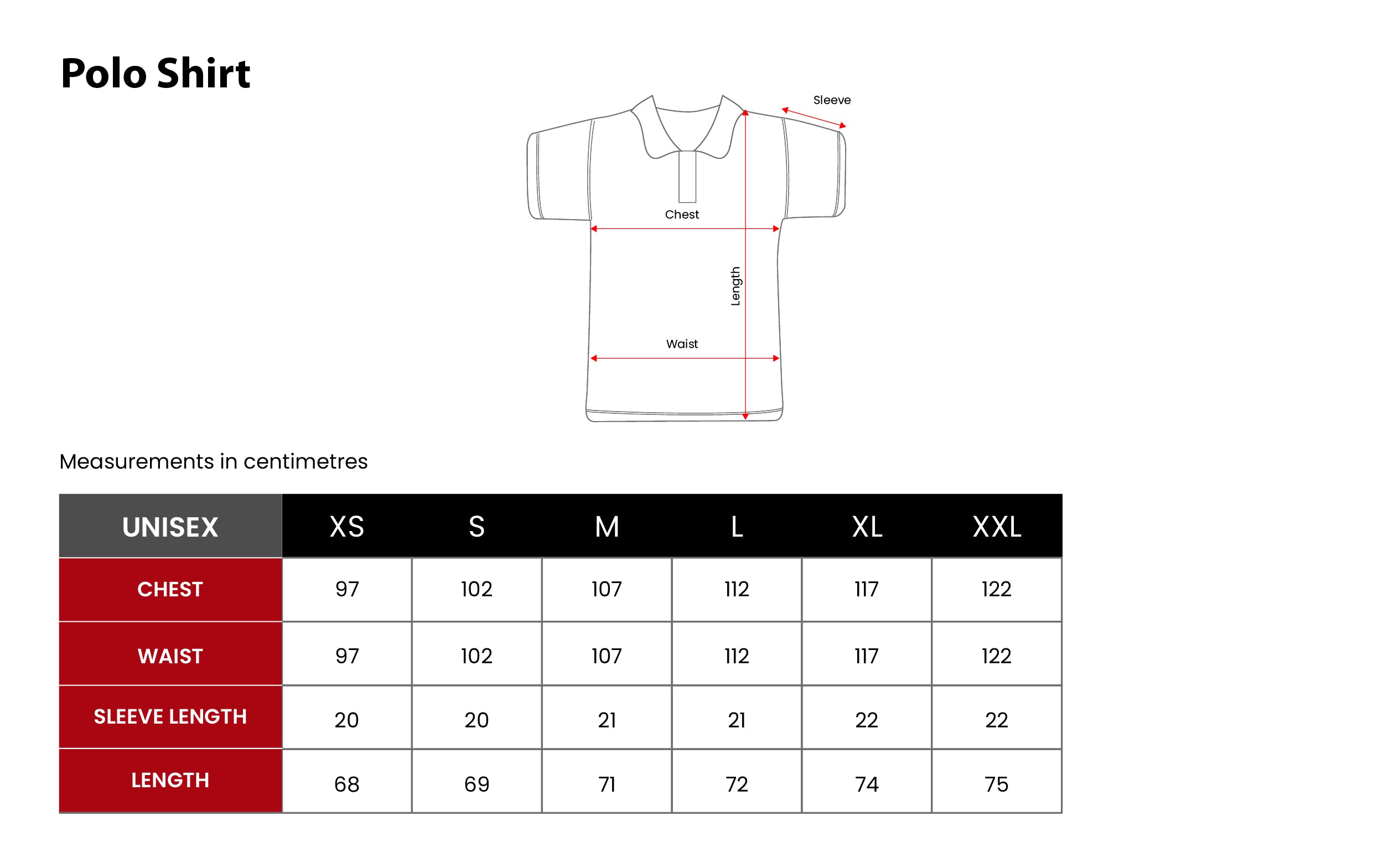 Etiko Organic Cotton Polo Shirt Size Chart