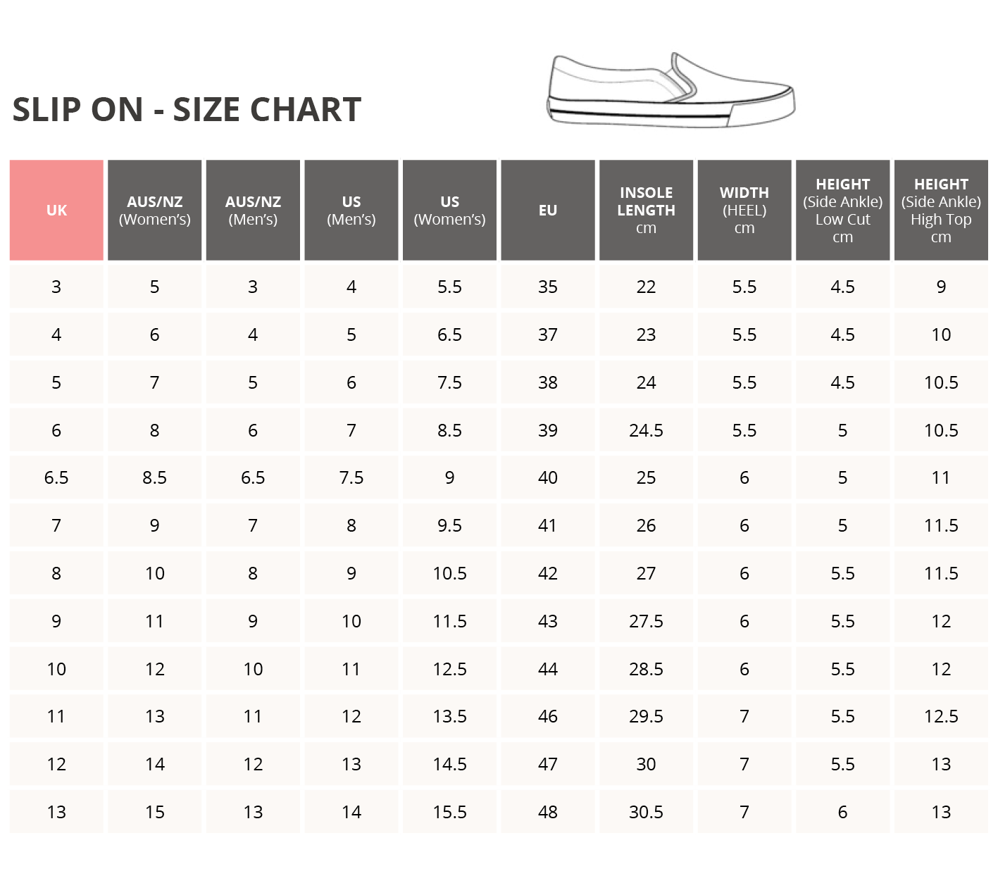 Slip On Shoe -Sizing Chart