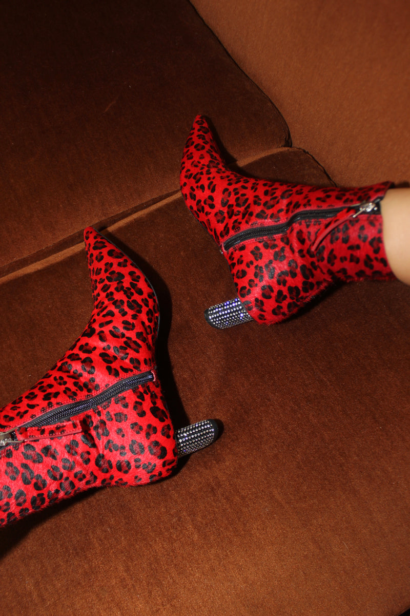 Trashy Red Leopard Print Pony Skin Pointy Boots With Diamante Heel