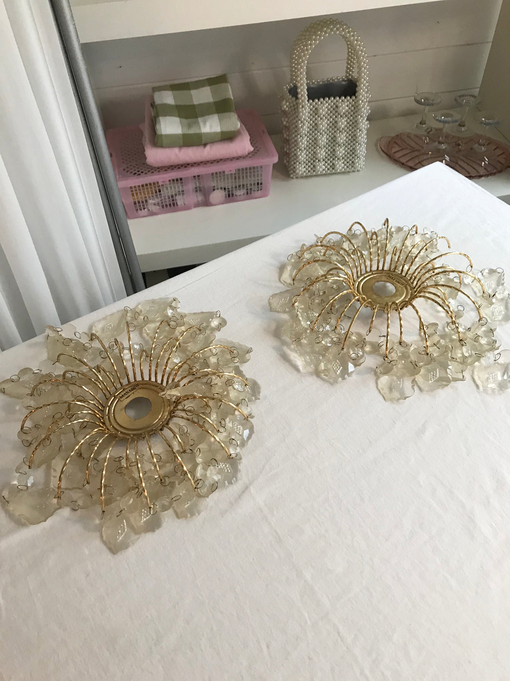 Vintage 1960s Gold Tone Crystal Fountain Chandeliers Set of 2
