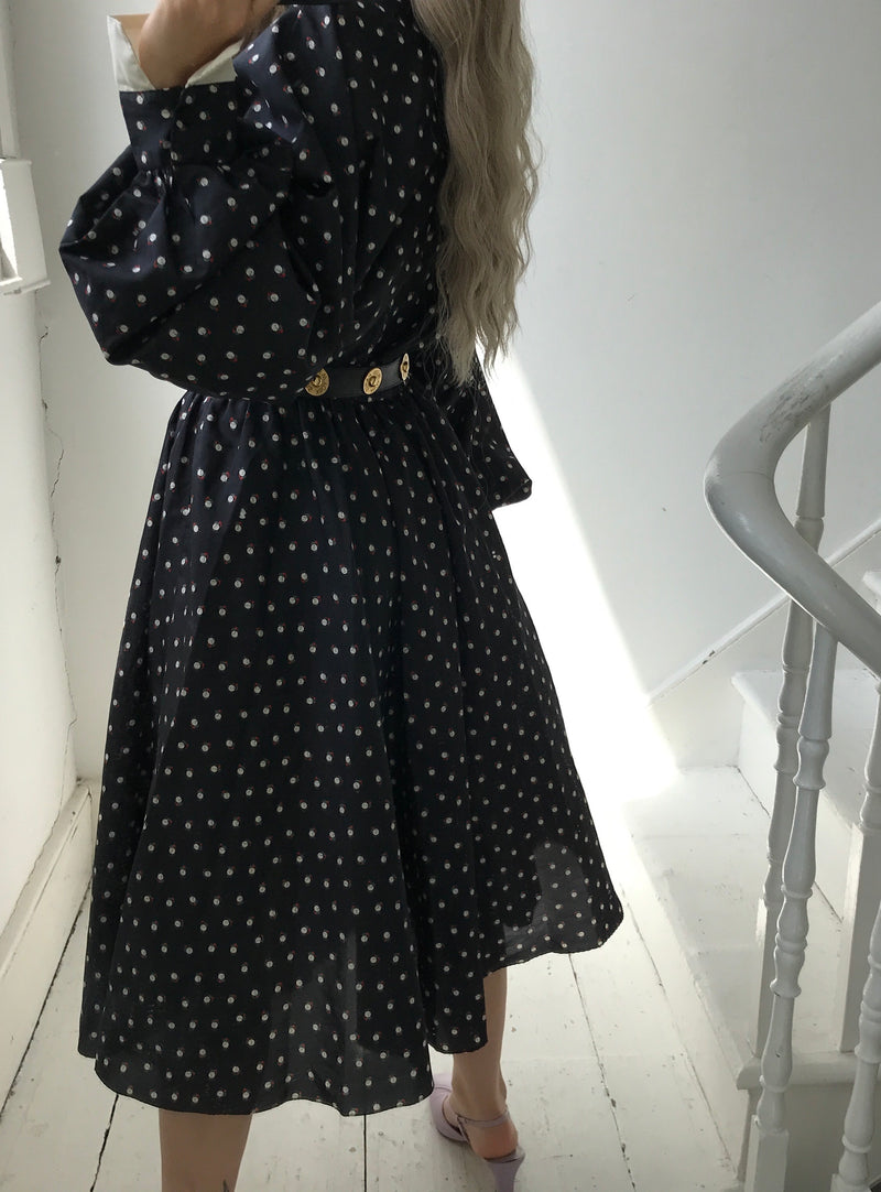 blue polka dot dress with white collar