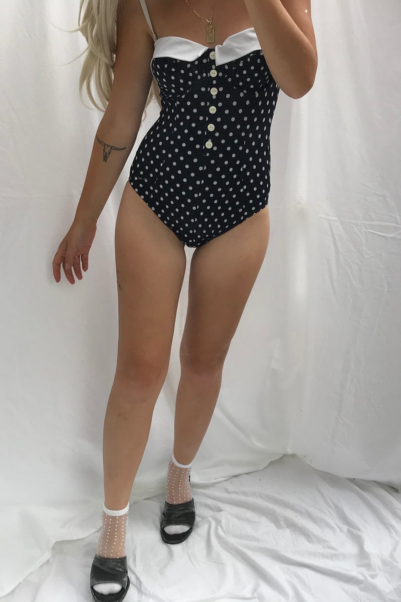 Unique Vintage 80s Navy Blue White Polka Dot One Piece Swimsuit Darkparadisevintage