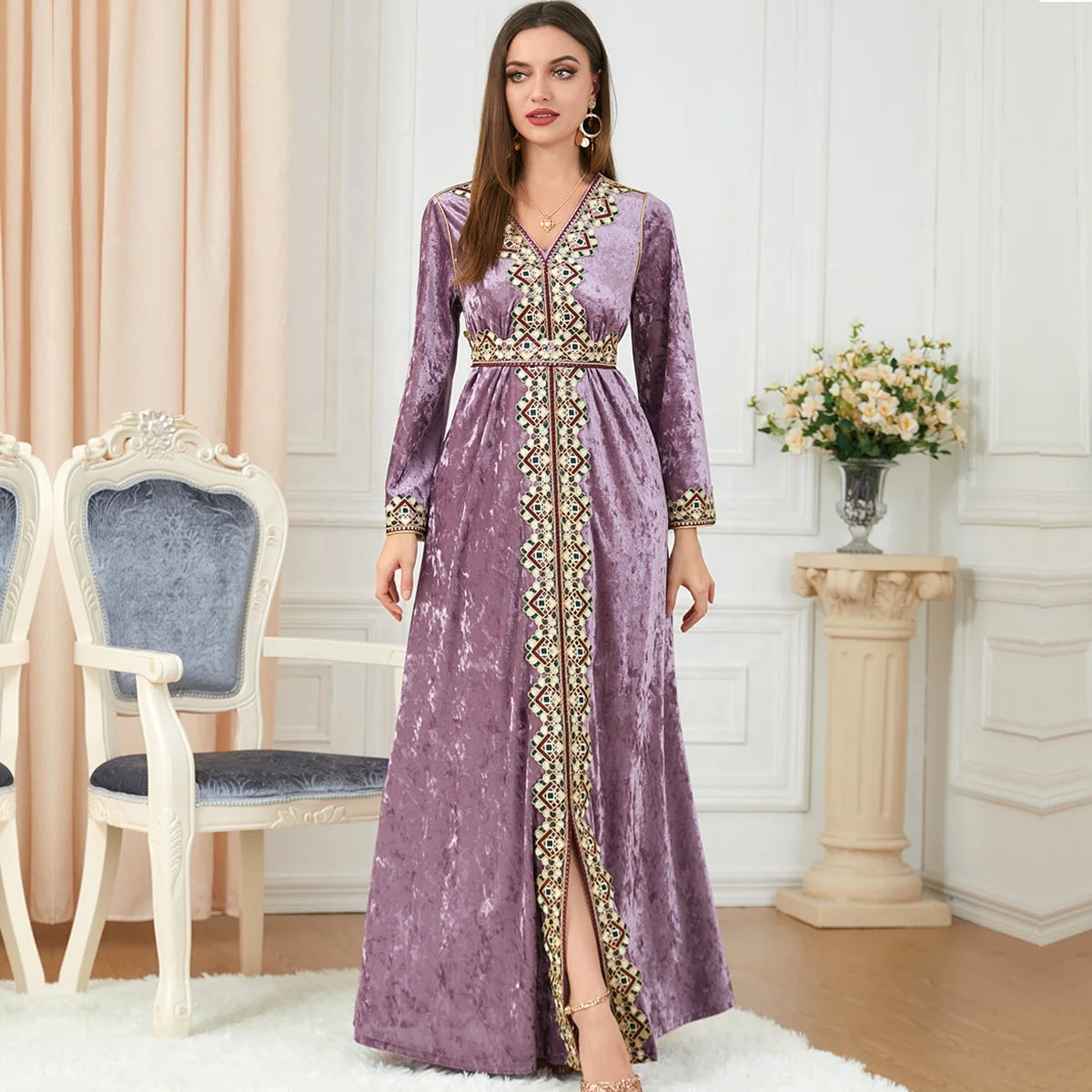 Luxury Pink Velvet Floral Weaving Moroccan Kaftan - Image 17