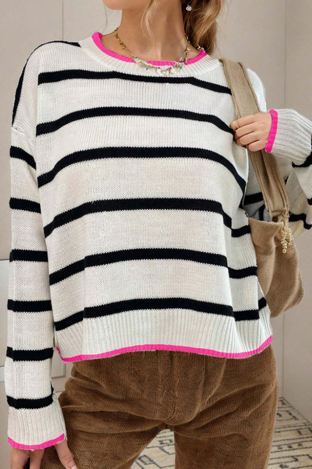 Stripe Contrast Trim Drop Shoulder Sweater