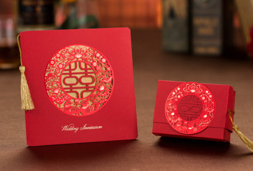 40 Pcs Chinese Wedding Invitation With Red Laser Cut Double