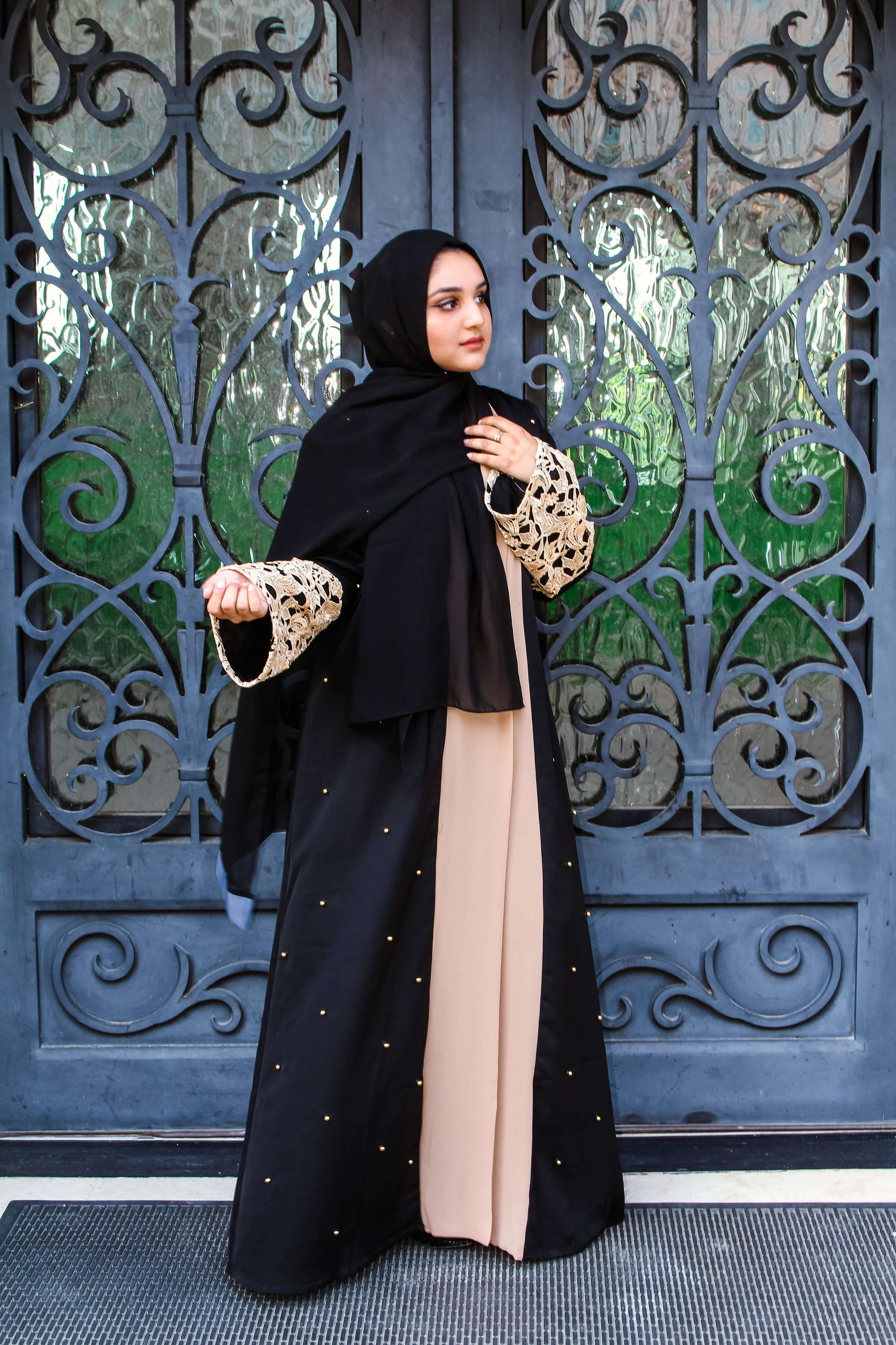 Gold Trimmed Black Open Abaya 