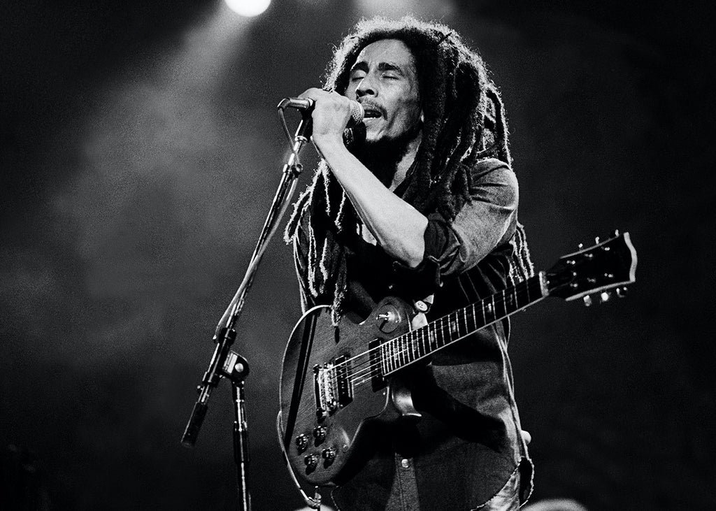 Black and white photo of singer Bob Marley