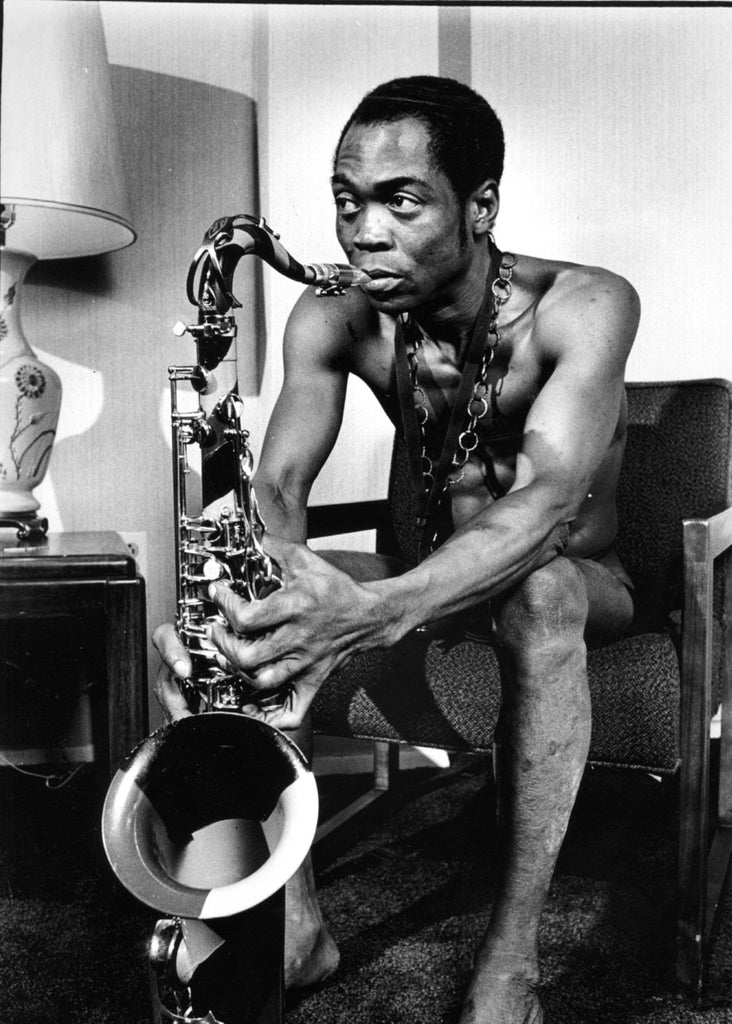 Black and white photo of singer Fela Kuti