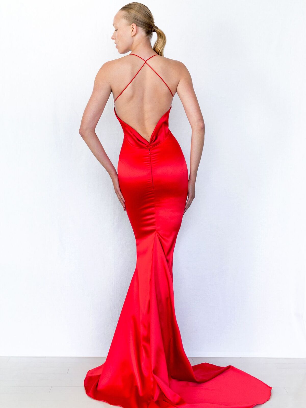 red satin floor length dress