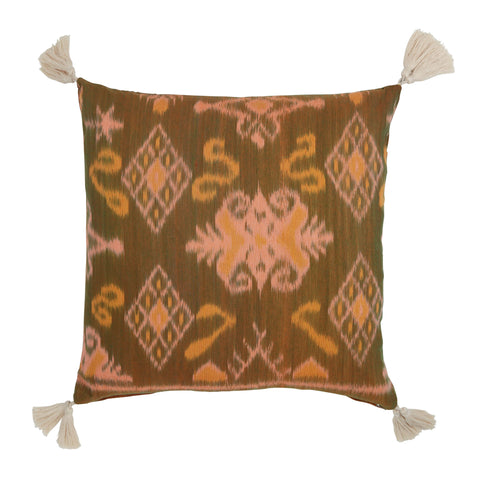 Peach and Olive Green Ikat Cushion with Tassels named Sore