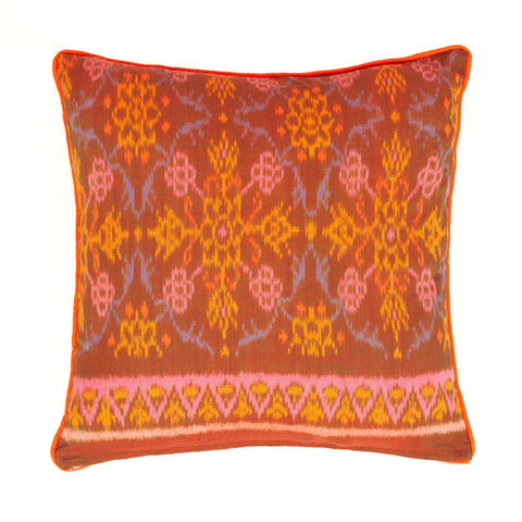  Orange, Pink & Teal Ikat Cushion from Bali named Dapak Merah