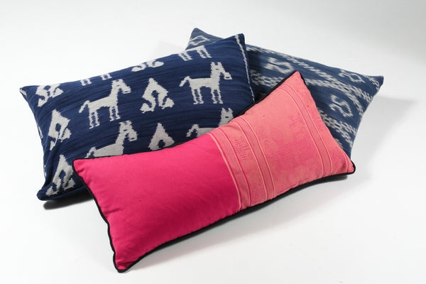 Sumba - Indigo Hand Woven Ikat Cushion,  Ombak - Traditional Hand-Woven Indigo Ikat Cushion and Frangipani - Fuchsia Pink Hand Embroidered Cushion