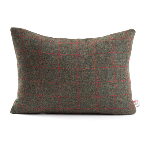 Brown harris tweed scatter cushion with red check rectangle