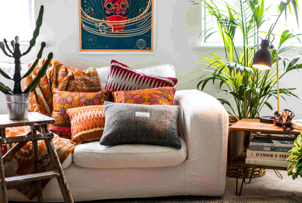 Ikat and Harris Tweed Cushions on a White Sofa