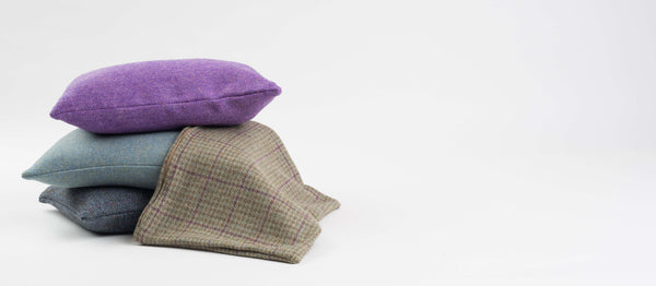 Stacked Harris Tweed Cushion in Soft Purple, Pale Baby Blue, Dark Blue and Fawn & Lilac Houndstooth Design