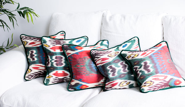 Hijau - Green & Red Vintage Silk Ikat Cushion