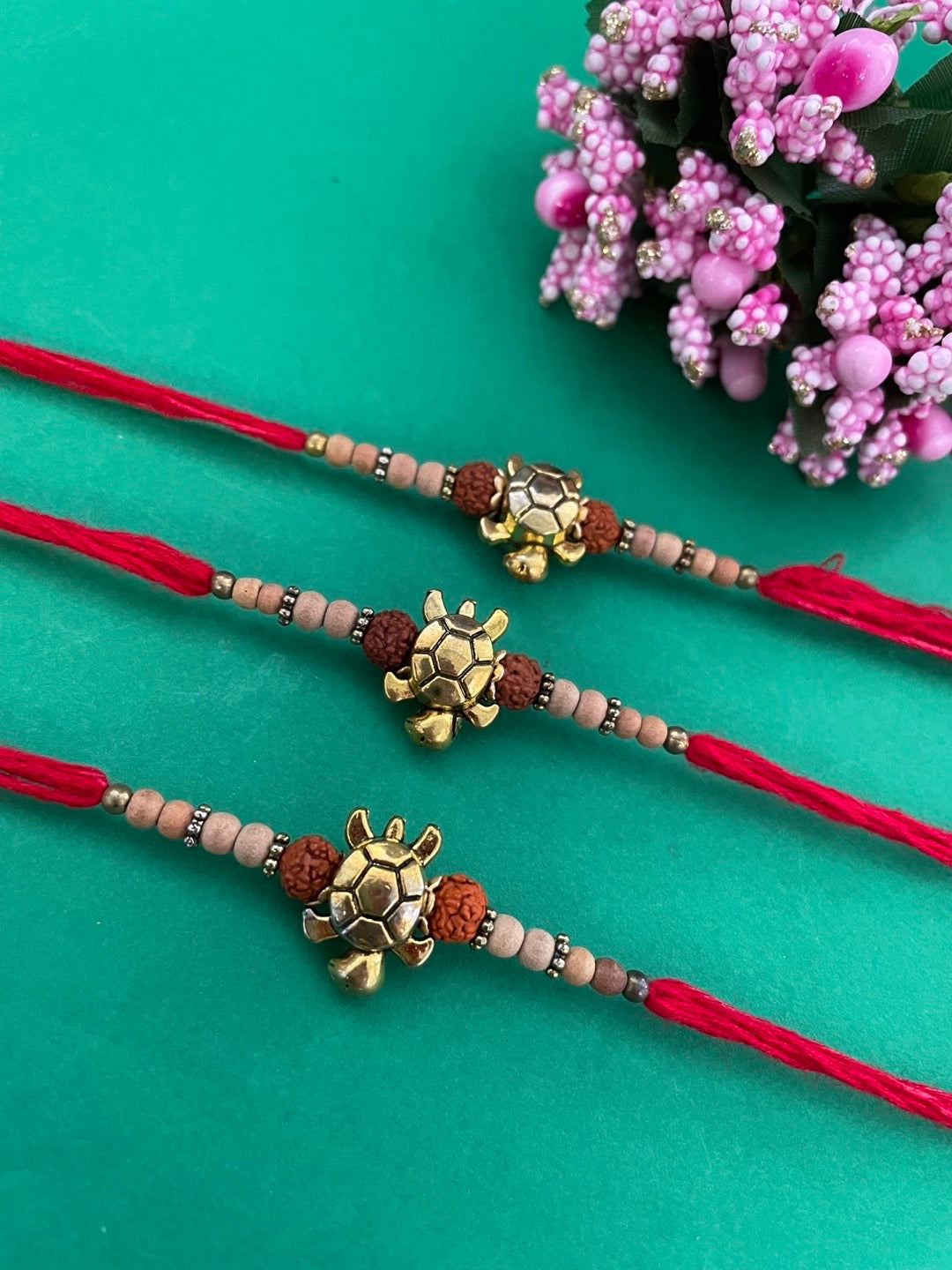 image for (COMBO Of 3) Tortoise With Rudraksha & Chandan Beads Rakhi for Raksha Bandhan