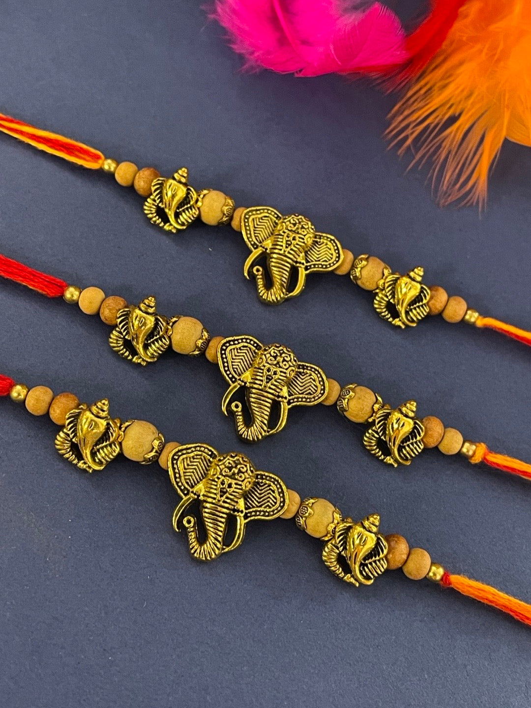 image for (COMBO of 3) Lord Ganesha & Chandan Beads Rakhi Bracelet for Raksha Bandhan