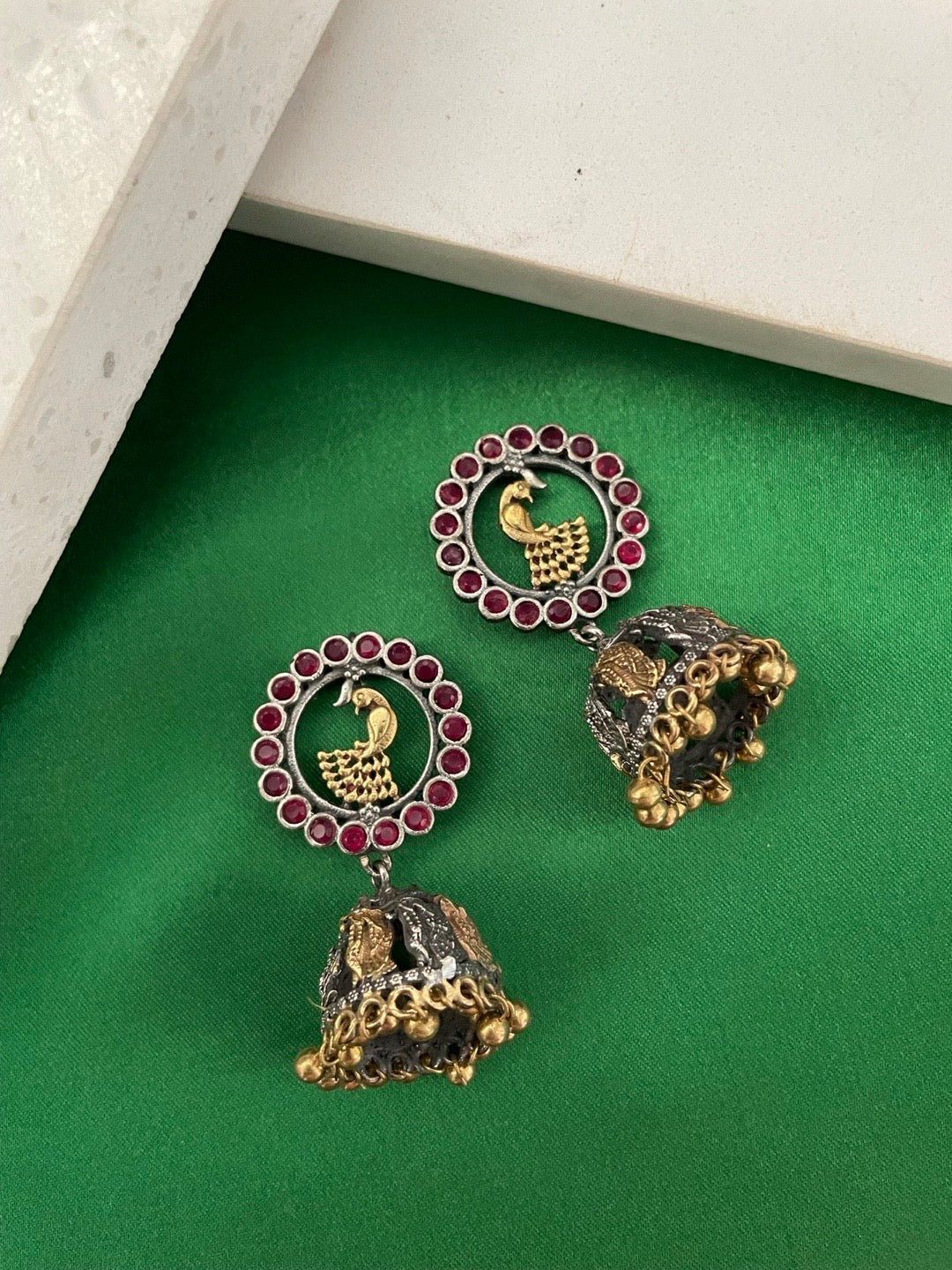 image for Jhumka Earrings Peacock & Radha Krishna