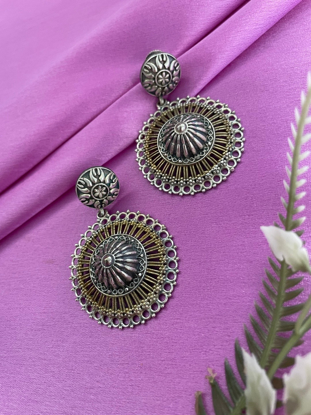 image for Dangle Earring Floral Silver Gold Design