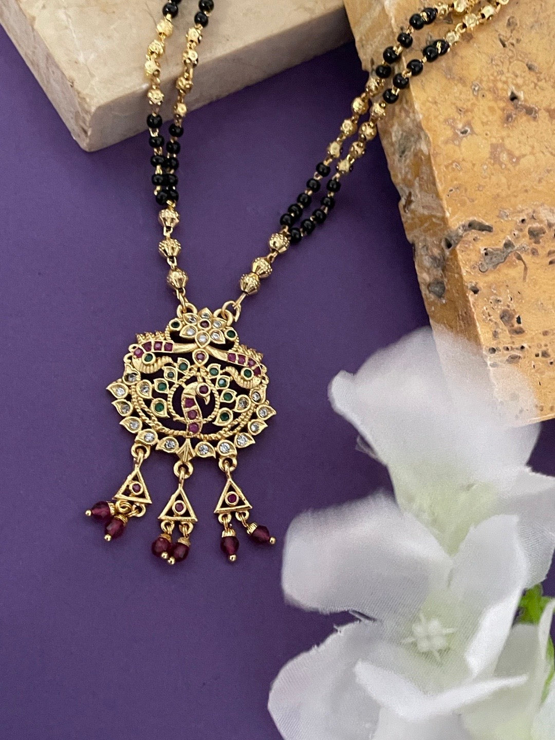 image for Short Mangalsutra AD Floral Peacock Pendant