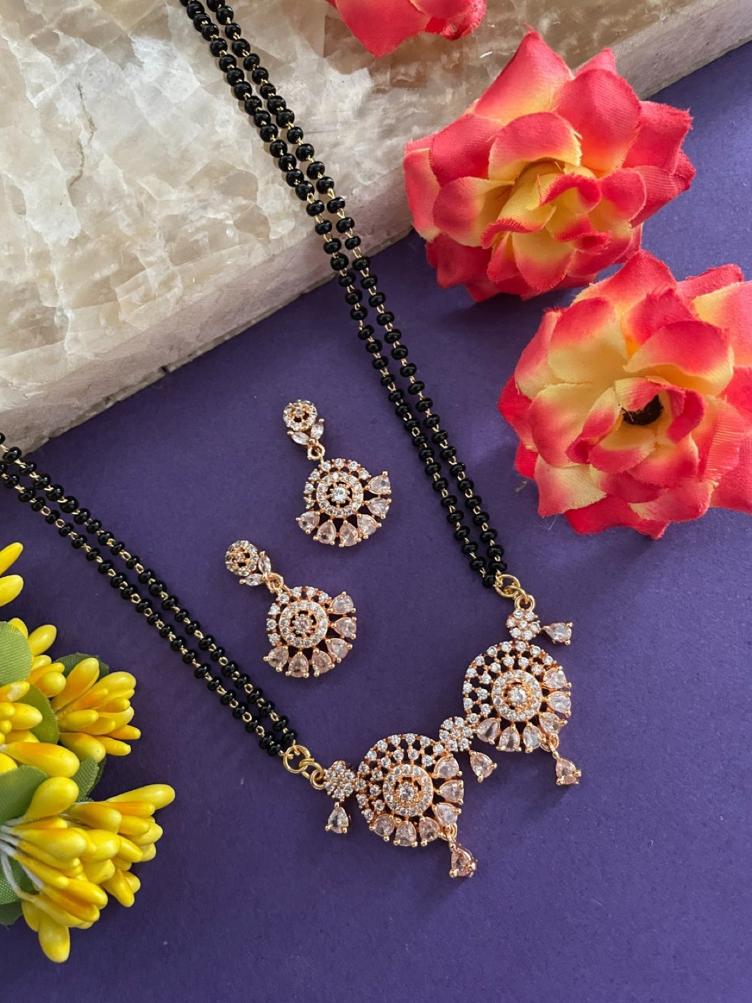 image for Rose Gold Plated AD Long Mangalsutra & Earring Set