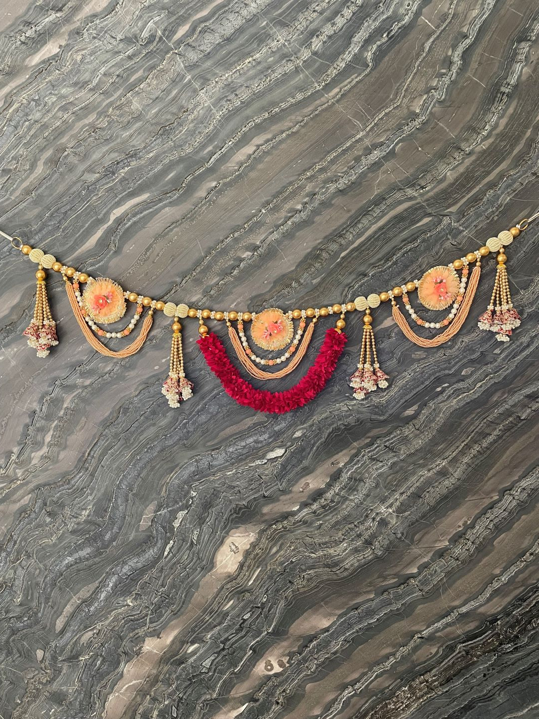 image for Floral Gold Peach & Red Toran For Door Hangings Diwali Decoration