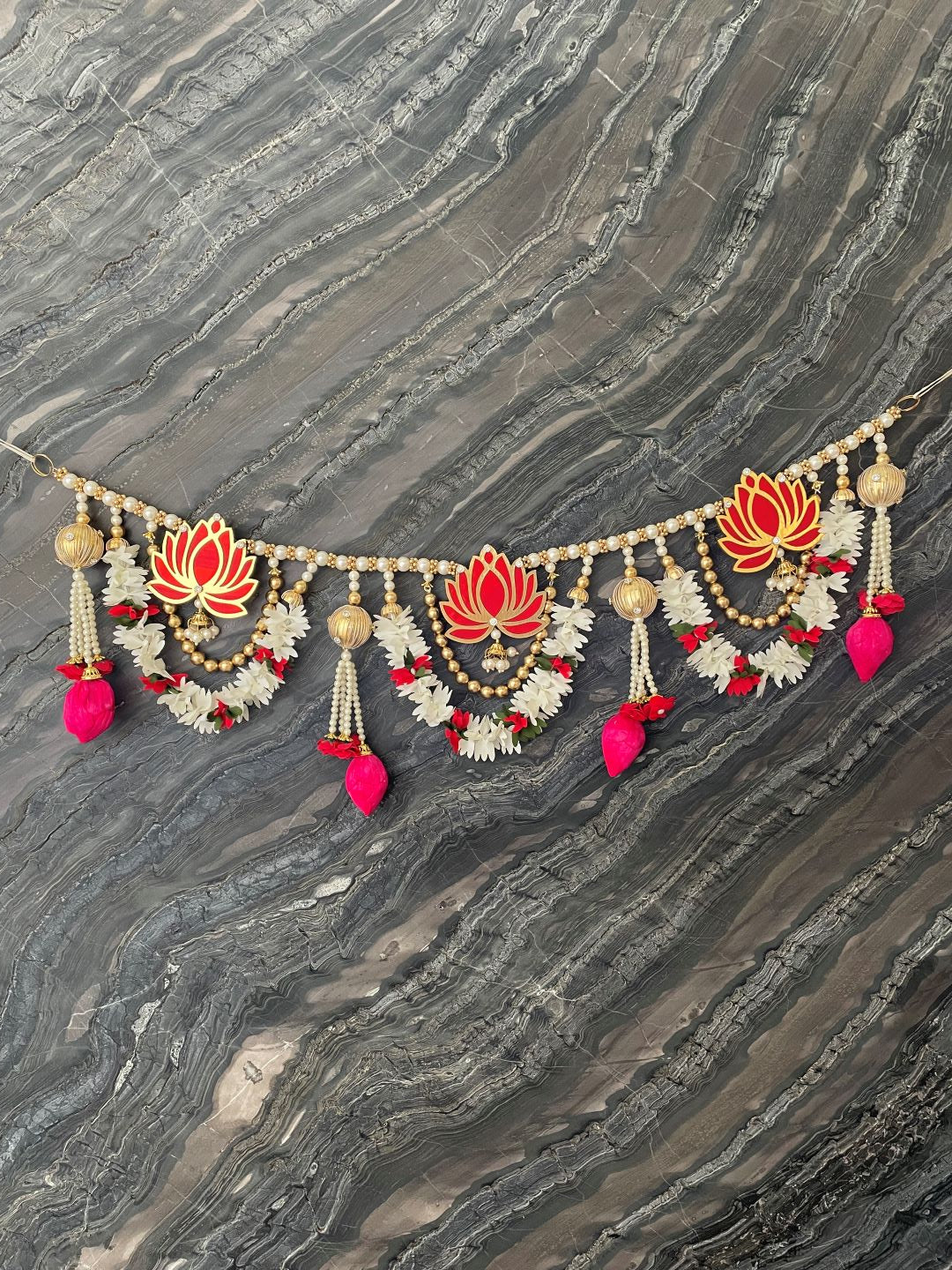 image for Gold & Pink Lotus Toran For Door Hangings Diwali Decoration with white & Pink Flowers