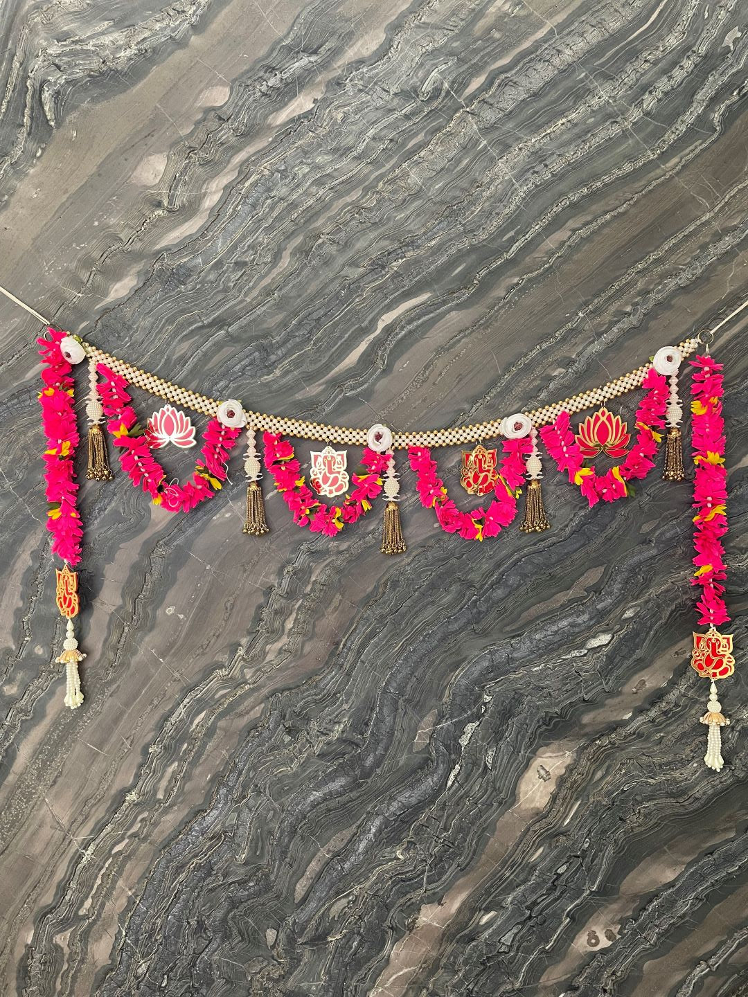 image for Ganesha & Pink Lotus Toran With Side Latkan For Door Hangings Diwali Decoration with Pearls & Pink Flowers