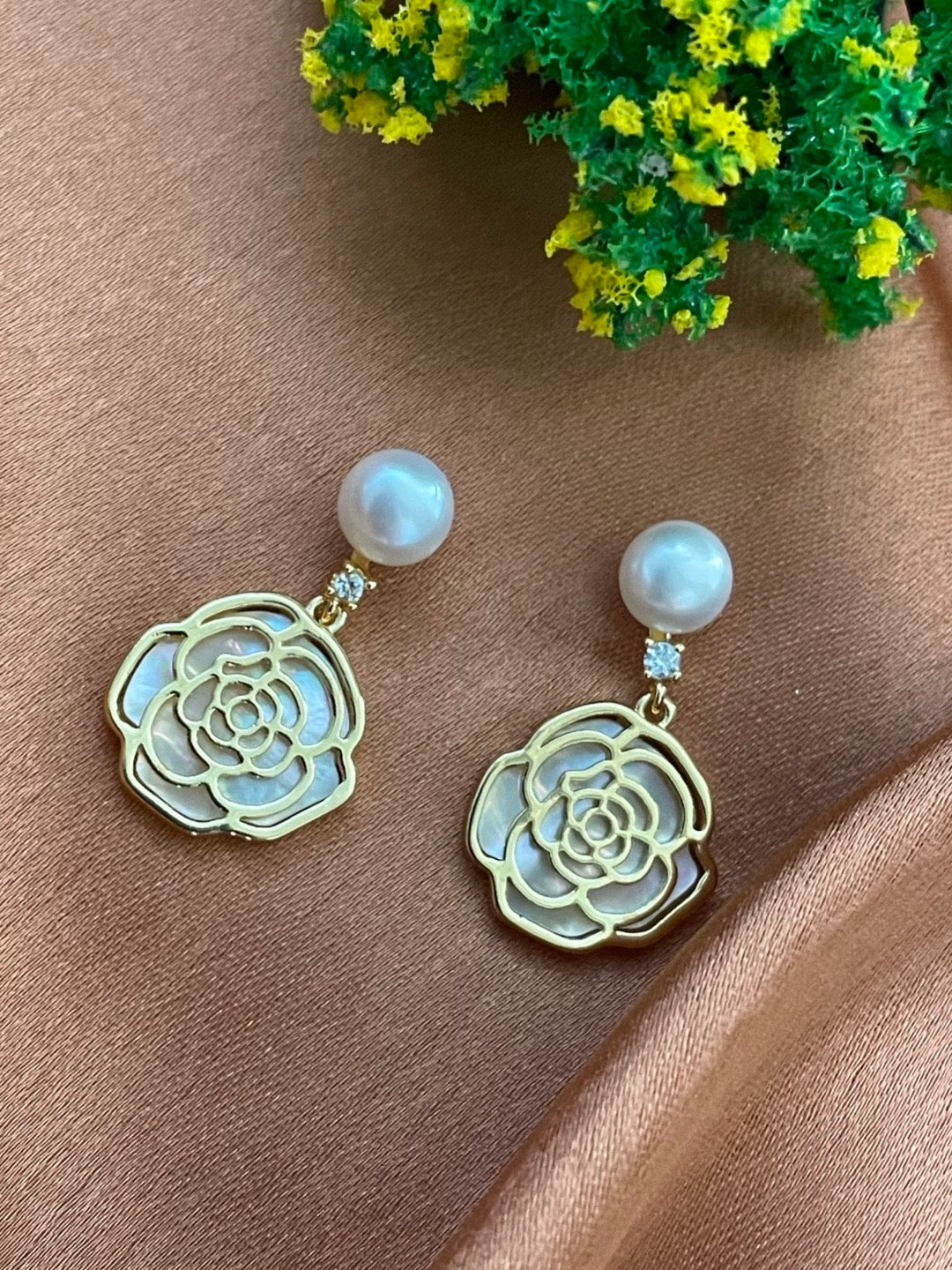 image for Fresh water pearl Earring With Rose Design in Gold  & Mother of Pearl