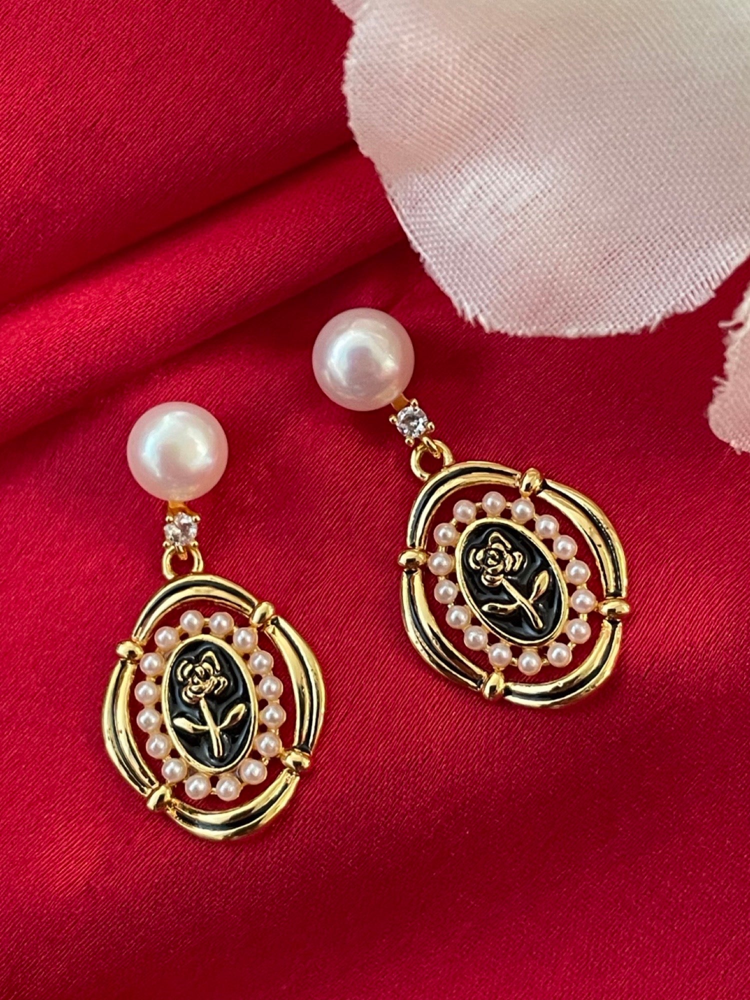 image for Fresh water pearl Earring With Floral Design Surrounded With Pearls
