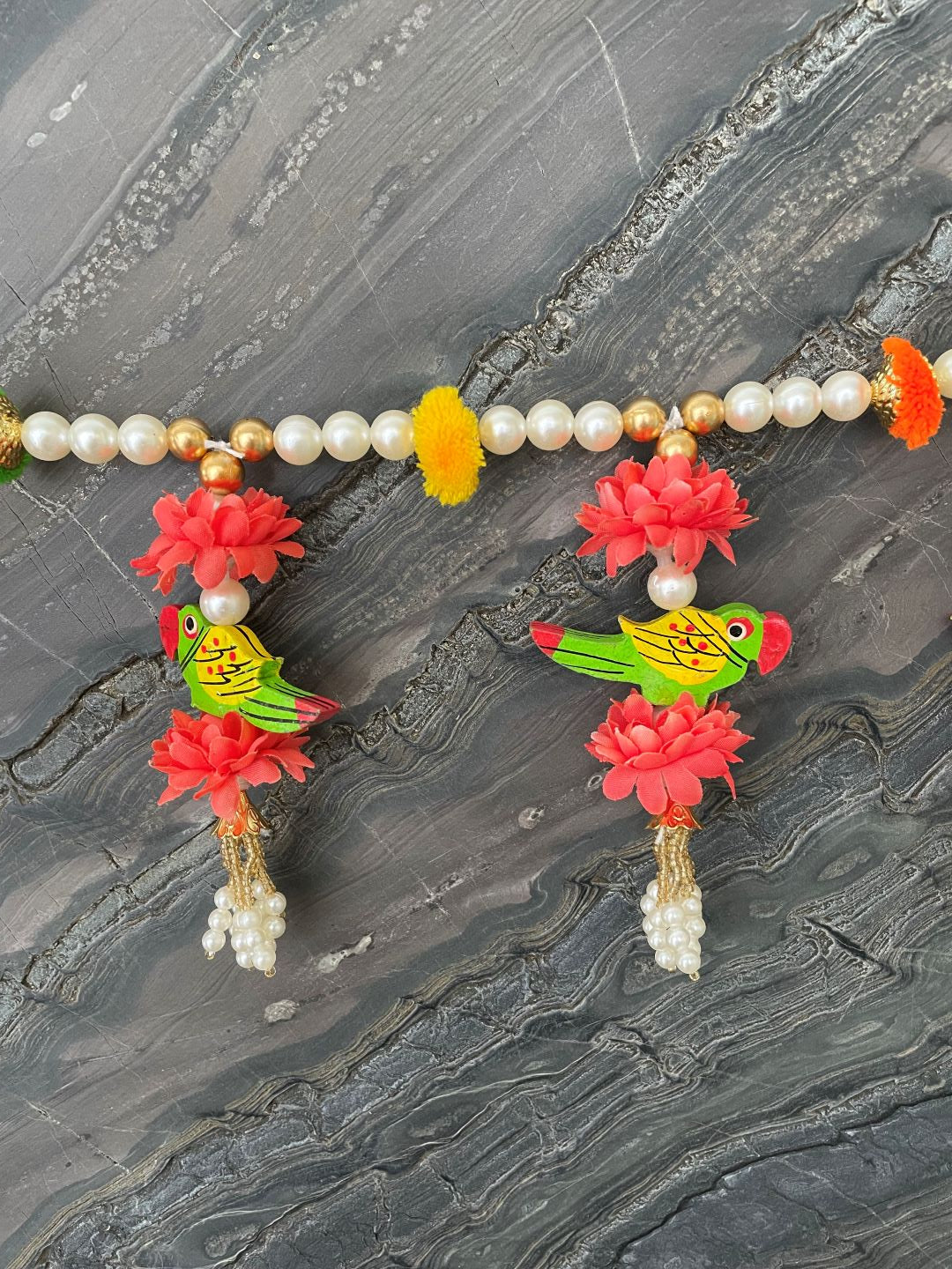 image for Gold & Pearl Beads With Orange flower & Parrots Toran For Door Hangings Diwali Decoration