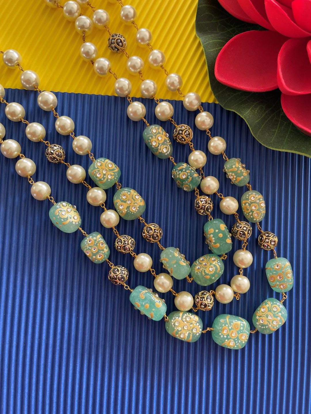 image for 3 Line Handpainted & Kundan Light Blue stones and Pearls Necklace