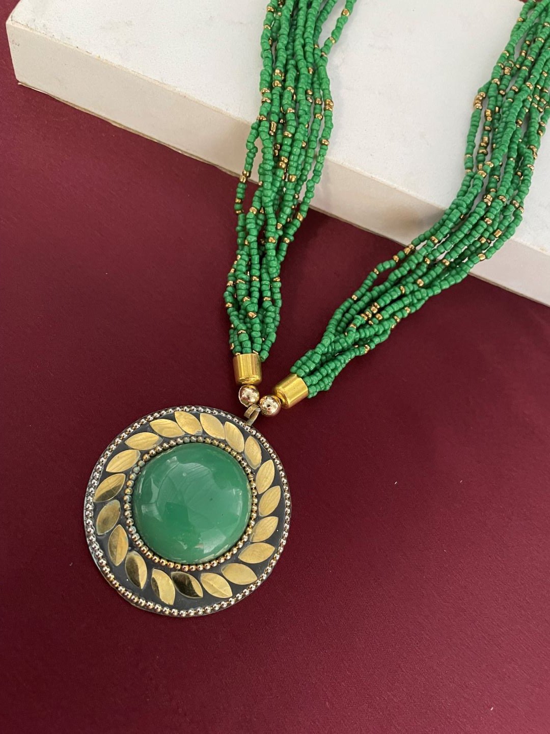 image for Afghani Tibetan Necklace Gold Plate Brass Green Pendant With Green Beads