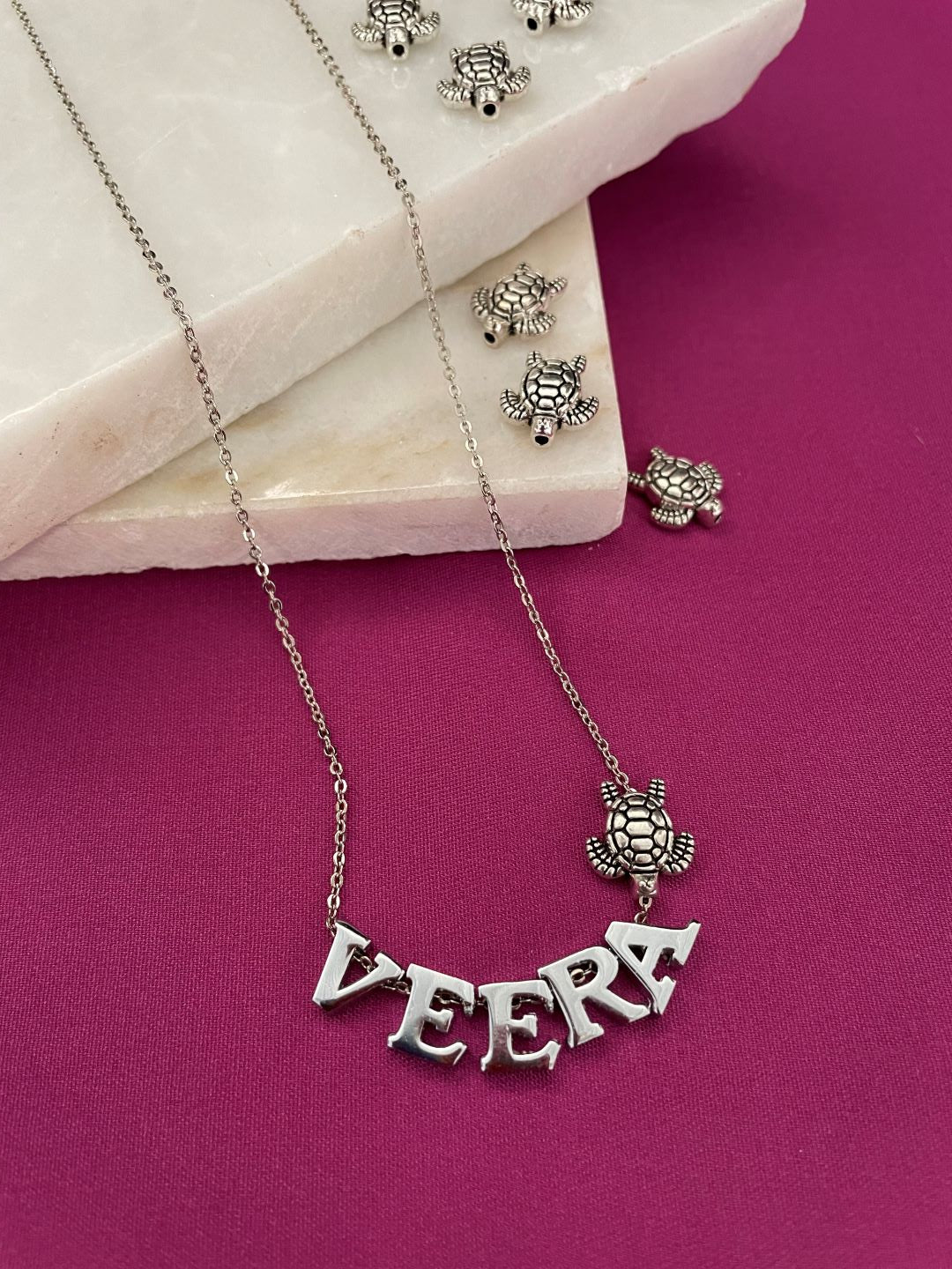 image for Silver-Plated Custom Name Necklace With A Turtle Charm