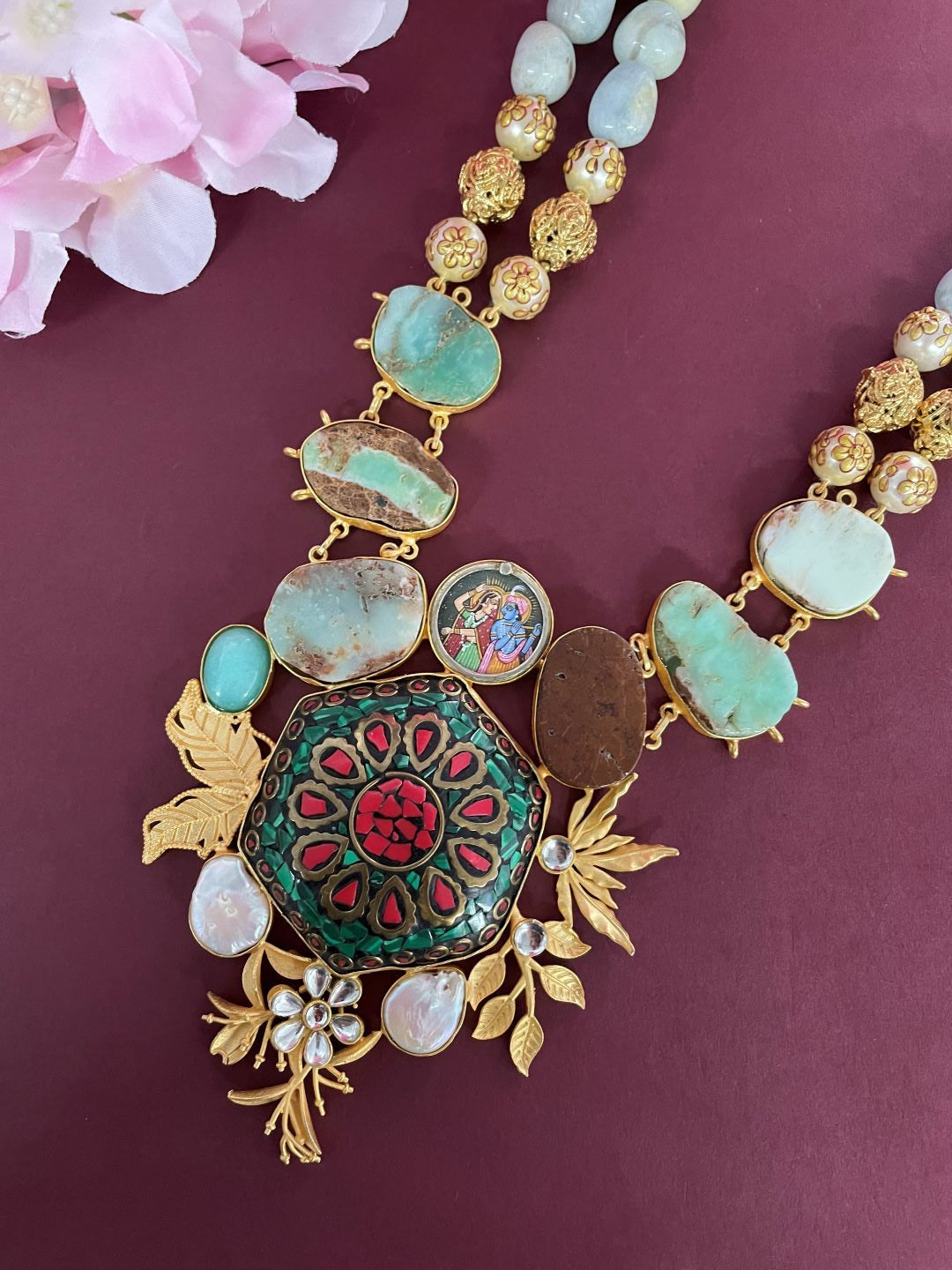 image for Unique Handmade Tibetan Gold Plated Necklace with Radha Krishna ,Pearls, Moonstone And Tiger Eye Semi Precious Stones