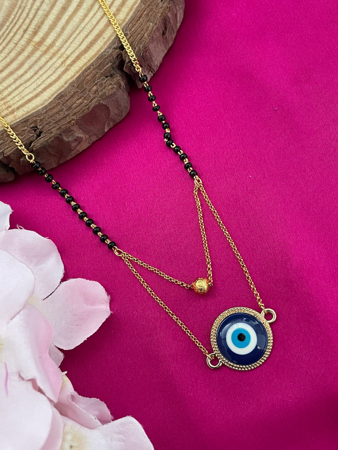 image for Simple Modern Short Mangalsutra Designs Evil Eye Layered Pendant Black Beads Gold Chain