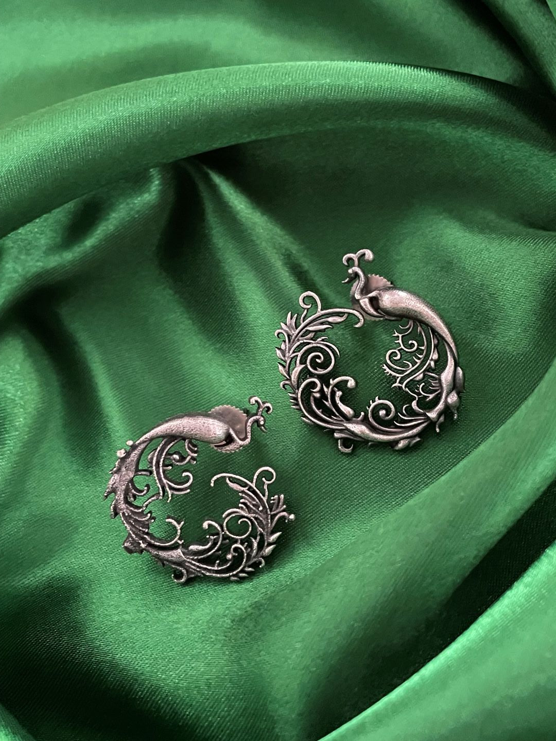 image for German Oxidized Silver Stud Earrings Peacock Design