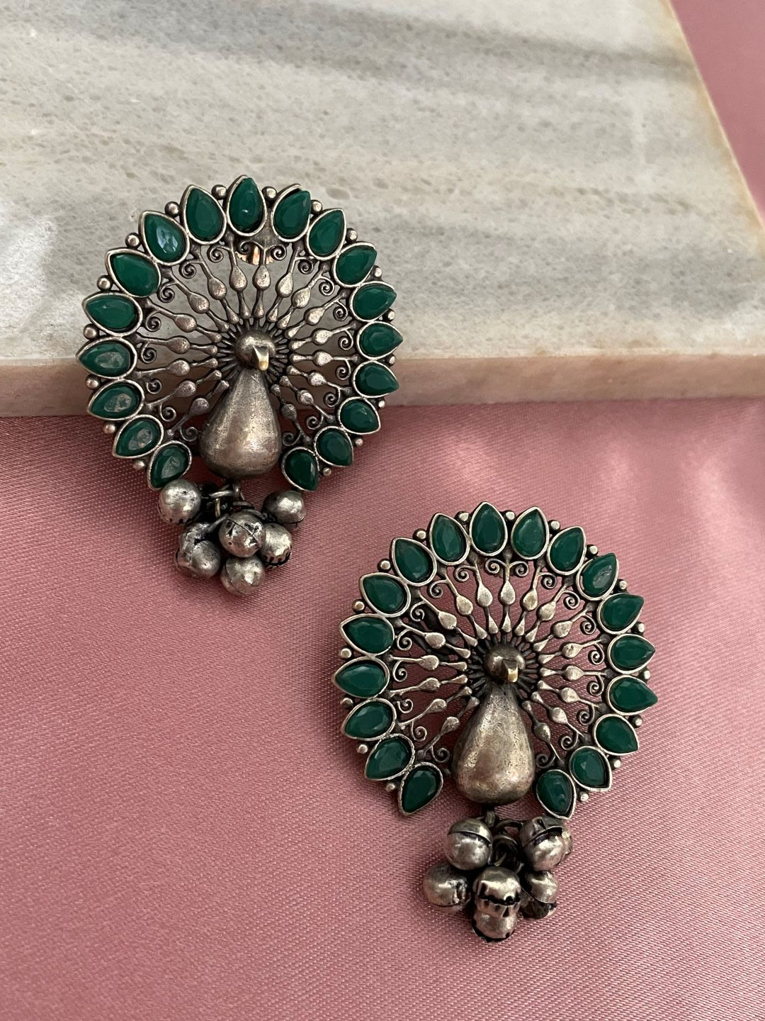 image for German Oxidized Silver Stud Earrings Peacock Design With Green Stones and Silver Bells