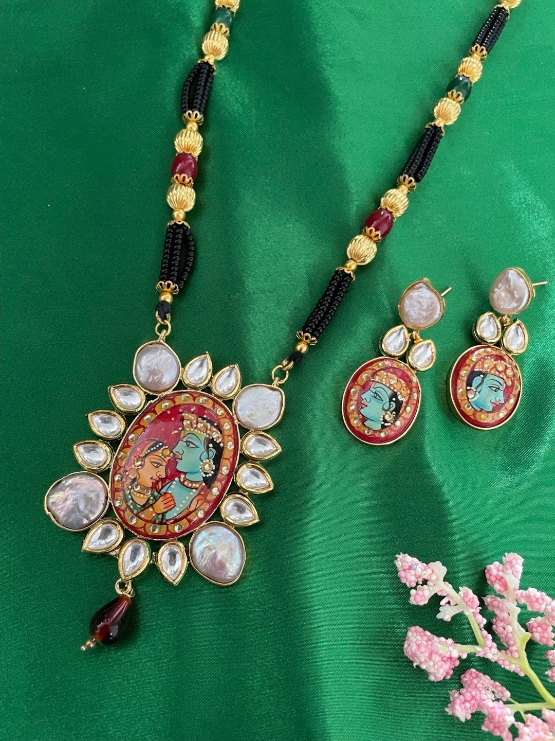 image for Long Mangalsutra Multi Color Hand-Painted Radha Krishna Pendent Necklace & Earring Set with Green/Red/Gold Beads Kundan and Pearls