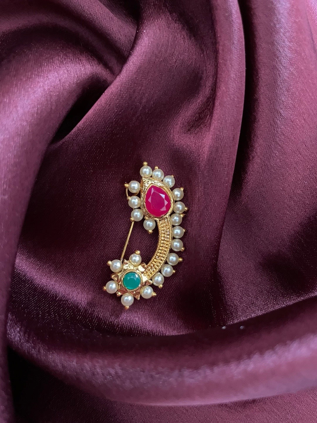 image for Gold Plated Maharashtrian Nath Nose Pin Red & Green Colour with Pearls