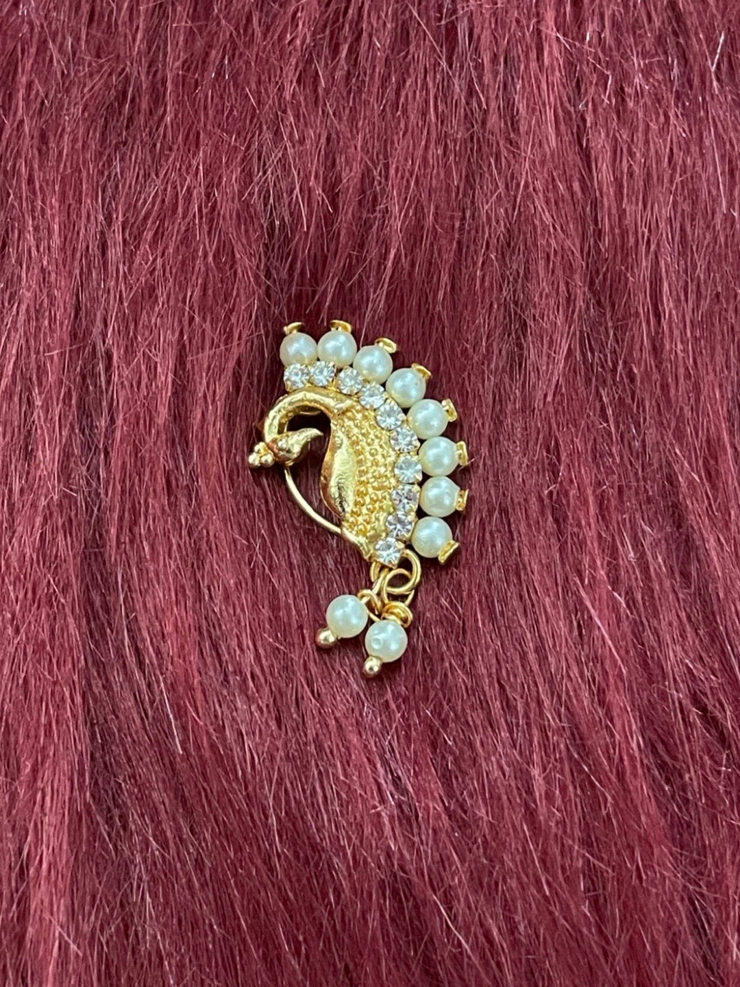 image for Maharashtrian Nath Gold Plated Peacock Design Nose Pin with Pearls